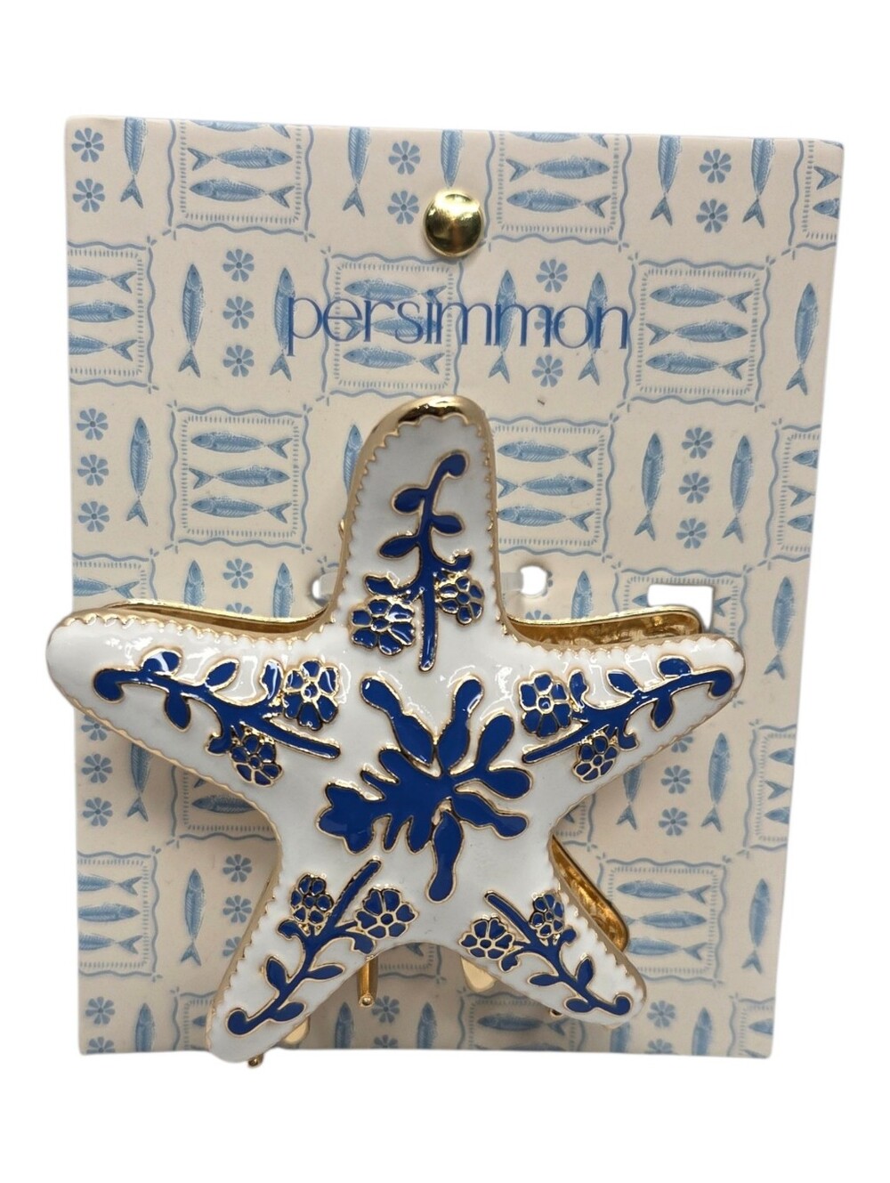 💙▪️Persimmon ▪️White & Blue Starfish Hair Metal Claw Clip with Gold Accents